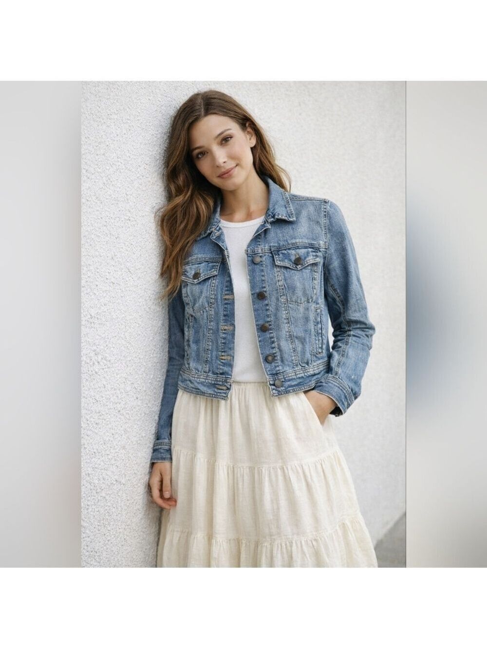 Mossimo Cropped Trucker Jacket Classic Blue Jean Jacket Casual Layering - Picture 6 of 14